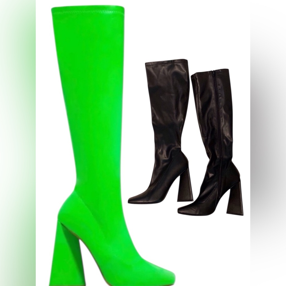 Dolls Kill Mixx Shuz Black Size 8 Perla Knee High Boots Triangle Heel Whimsigoth